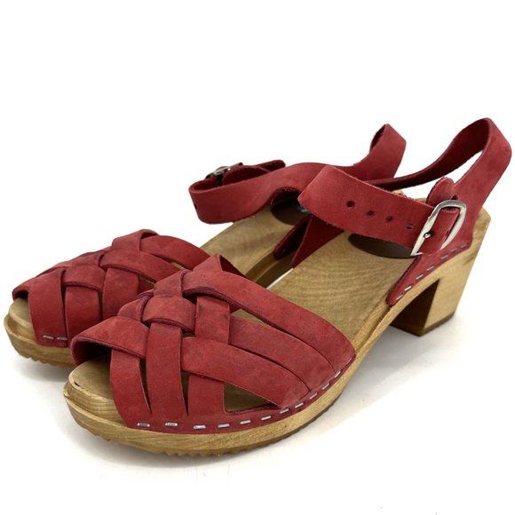 MIA Bety Woven Suede Leather Heeled Wood Swedish Clogs Red Size 39 8.5 - Picture 2 of 10